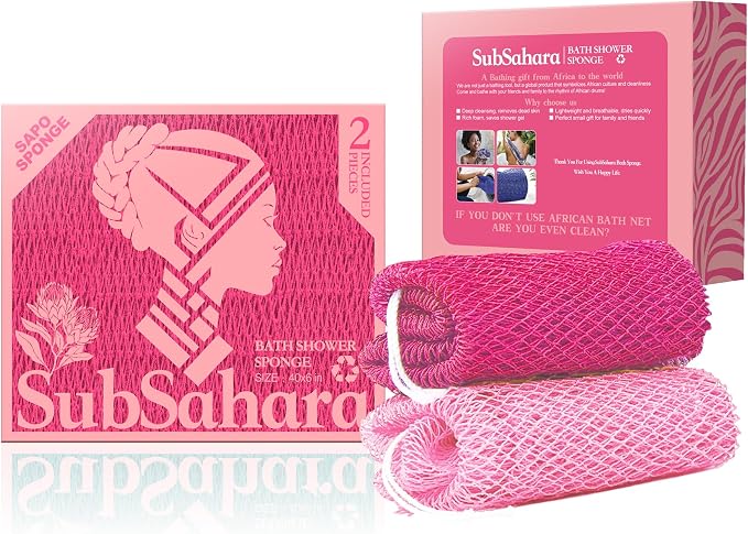 SubSahara Authentic African Net Sponge, 2 Pack 45-Inch Exfoliating Bath Sponge and Shower Loofah for Body and Back, Colorfast Quick-Dry Knotted Mesh Scrubber with Travel Pouch (Dark Pink & Light Pink)