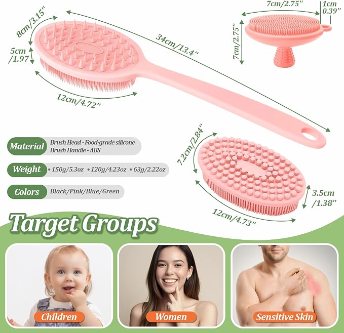 Silicone Face & Back Scrubber Set, Manual Face & Body Scrubber Exfoliator with Soft Bristles and Non-Slip Handle, Back Brush Bath Brush with 2 Detachable Brush Heads(3PCS Pink Set)