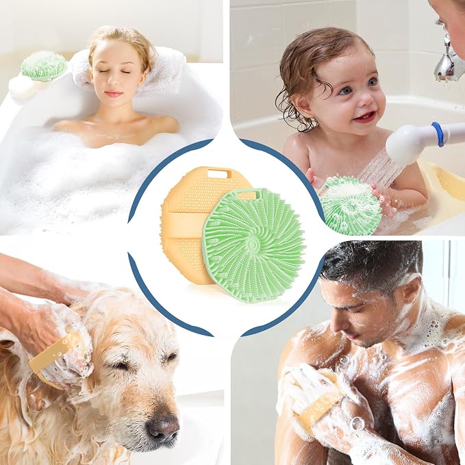 Silicone Body Scrubber, 2 PCS Exfoliating Body Scrubber, Silicone Loofah Bath Brush with Hand Strap, No-Slip Handheld Body Wash Brush Scrubber Shower Cleaning for All Skin Types (Yellow & Mint Green)