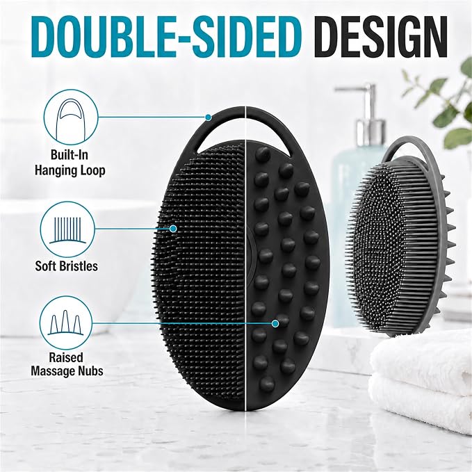 2 Pack Silicone Body Scrubber, Loofah Double-Sided Body Brush,Shower Scrubber and Scalp Massager Shampoo Brush for Sensitive Kids Women Men All Kinds of Skin (Black & Gray)