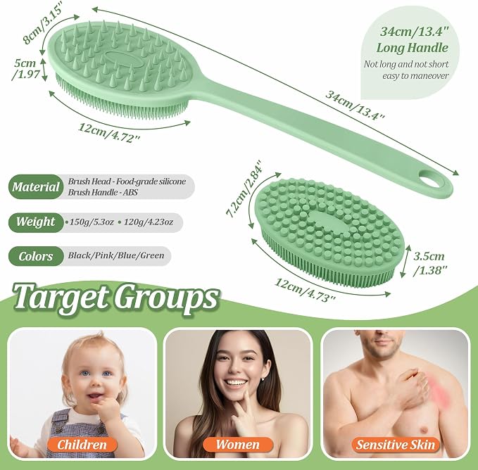 Silicone Back Washer for Shower, Gentle Exfoliating Body & Back Scrubber with Handle, Silicone Loofah with Two Dual-Side & Replaceable Brush Heads(Green-Two Heads)
