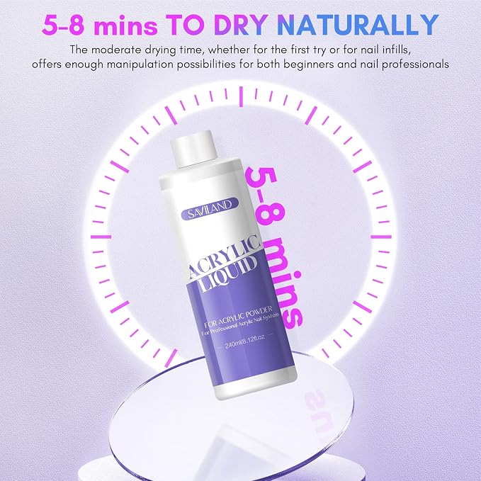 SAVILAND 8.11oz Monomer Acrylic Nail Liquid with 3 Brushes Size（8/10/14) | Non-yellowing, Smooth Application, Chip Resistant, 5-8 Minute Drying Time, Beginner DIY Salon Extensions & 3D Carving