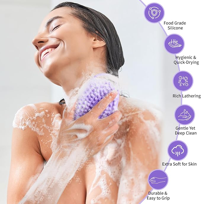 2 Pack Silicone Body Scrubber for Shower, Soft & Gentle Loofah Alternative for Sensitive Skin, Quick-Drying & Hygienic Body Wash Scrubber Brush for Women, Men & Kids (Purple & Pink)