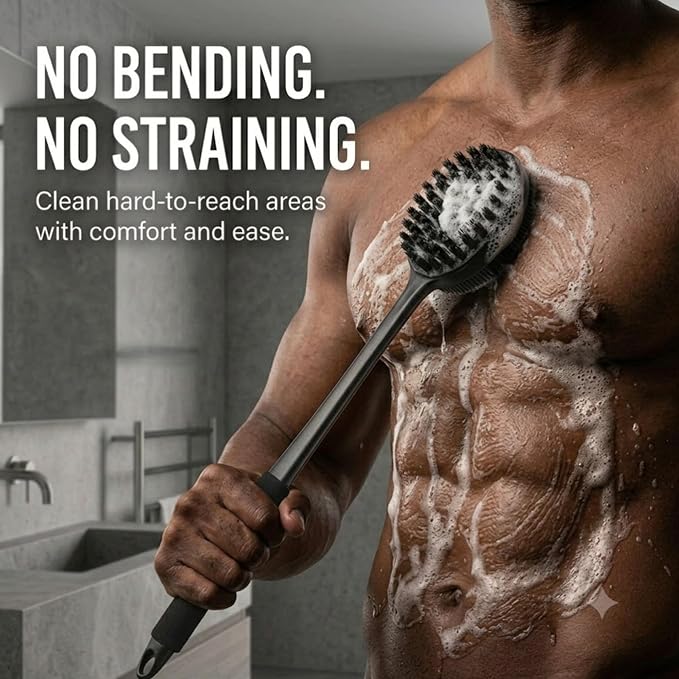 Silicone Back Scrubber for Shower, 17" Lengthen Long Handle Body Brush, Double Sided Shower Brush for Shower Exfoliating and Massage, Can Produce Rich Foam, Non Slip Grip Back Scrubber for Men