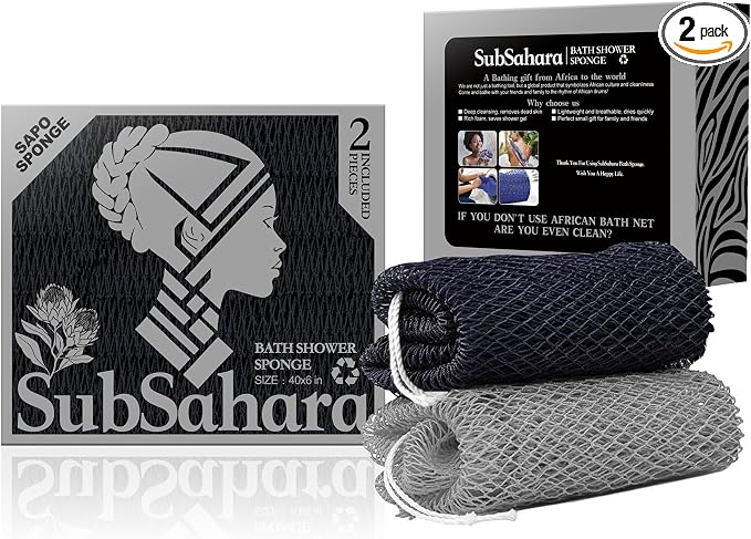 SubSahara Authentic African Net Sponge, 2 Pack 45-Inch Exfoliating Bath Sponge and Shower Loofah for Body and Back, Colorfast Quick-Dry Knotted Mesh Scrubber with Travel Pouch (Black & Grey)