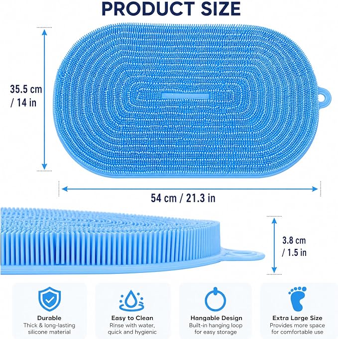 21.3" Silicone Foot & Back Scrubber Mat, Non-Slip Suction Cups Blue | Strong Suction Cups, Large, Silicone, Easy-Clean,Hangable,Perfect for pregnant women, seniors, anyone with limited mobility