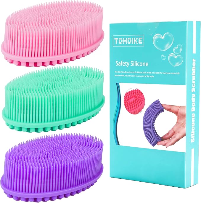 Silicone Body Scrubber Loofah Set of 3 (Purple/Green/Pink) | Soft Exfoliating Bath Shower Brush for Sensitive Skin, Kids Women Men All Skin Types