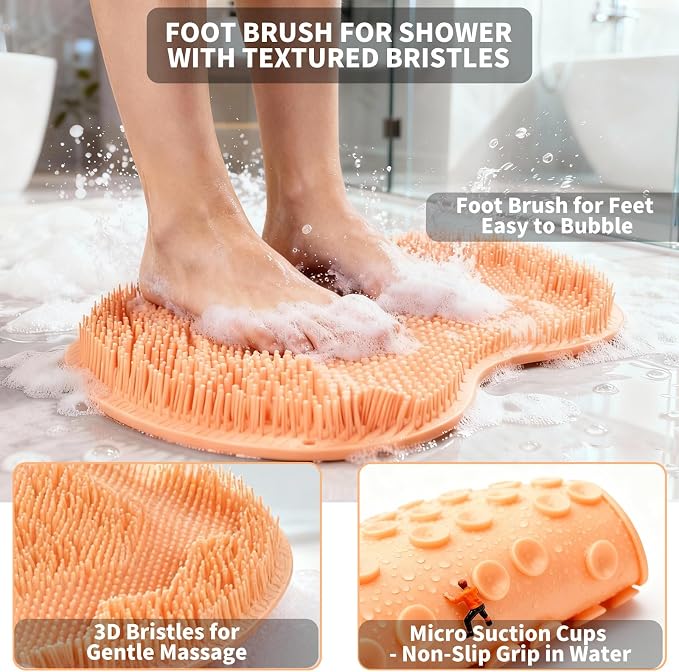 Shower Foot Scrubber Mat with 3 Types of Upgraded Brushes for Massage, Shower Back Scrubber with Micro Suction Cups,Back Washer Exfoliating Bath,Shower Scrubber for Body at Home Spa(Orange)