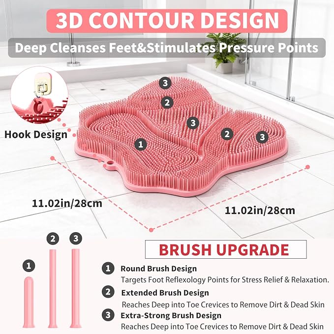 Show Foot Scrubber Mat & Silicone Back Scrubber with Butterfly Form Design,3 Brush Designs for Deep Cleaning Shower Foot Scrubber Mat, Wall Mounted Back Scrubber Silicone Bath(Pink)
