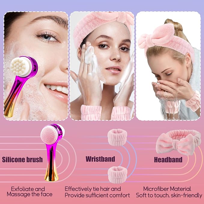 Manual Facial Cleansing Brush, 2-in-1 Skin Care face Brush, Skincare Headband and Wristband Set, 2 Pcs Face Mask Brush，6PCS (Gold+Pink)