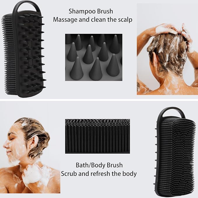 MtBoi 2 PC Silicone Body Scrubber, 2 in 1 Exfoliating Shower Bath Scrubber, Soft Silicone Loofah for Sensitive Skin, Shower Hair Scalp Massager, Easy to Clean, Lather Well (Blue&Black)