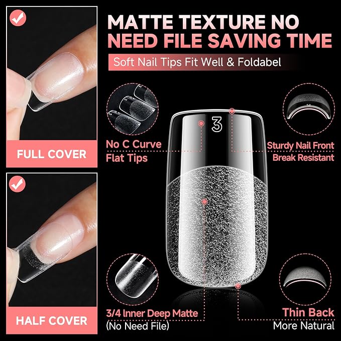UNA GELLA 600Pcs Short Square Gel Nail Tips, Short Nail Tips Square | Pre Etched Soft Gel Press on Nails Full Cover No C Curve For Women Girl DIY French & Chrome Style Salon At Home 12 Sizes