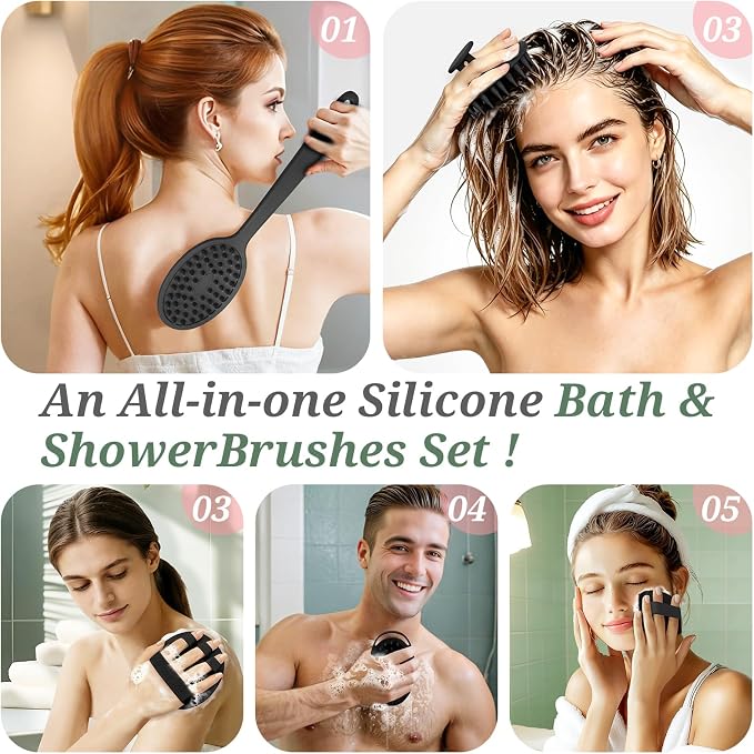 Silicone Back/Body/Face Scrubber & Scalp Massager Set 5PCS, 13.4'' Soft Back Scrubber, 360° Anti-Slip Bath Glove, Unique Side-bristled Face Scrubber, Shampoo Brush for All-round Cleaning(Black)