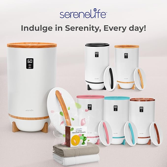 SereneLife Towel and Blanket Warmer - Single Touch Portable Towel Heater for Bathroom, Fragrant Disc Holder, LED Ring, 2 Large Towel Capacity, Built-in Timer (15-60 mins), Auto Shut-Off (White)
