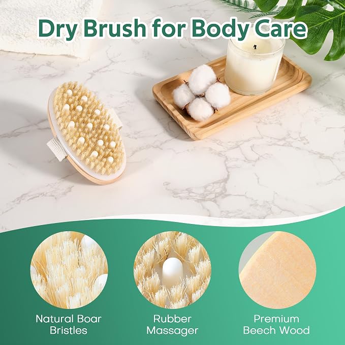 Oval Dry Brush Set: Dry Brush for Lymphatic-Drainage Brushing & Scrubber, Pumice Stone for Feet with Double-Side Hook, Bath Shower Exfoliating Kit Women