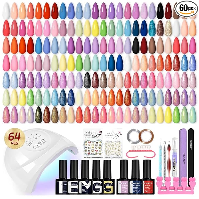 phoenixy Gel Nail Polish Kit with U V Light 64 Pcs Gel Nail Set 45 Colors All Seasons Nail Polish Set Base & 4 Effects Top Coat Manicure Tools Complete Nail Kit Gifts for Women Girls