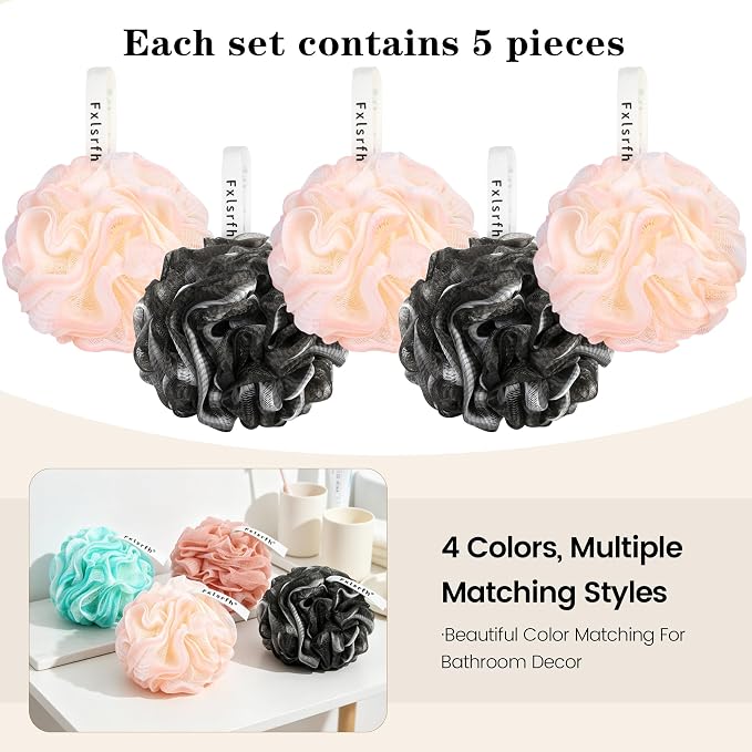 Bath Loofah Sponge 70 Grams Large Size, Soft Mesh Long-Lasting Shower Loofah for Rich Lather, 5 Pack Shower Sponge Exfoliating Cleaning Bath Loofa Body Scrubber Balls for Men & Women(Pink and Black)