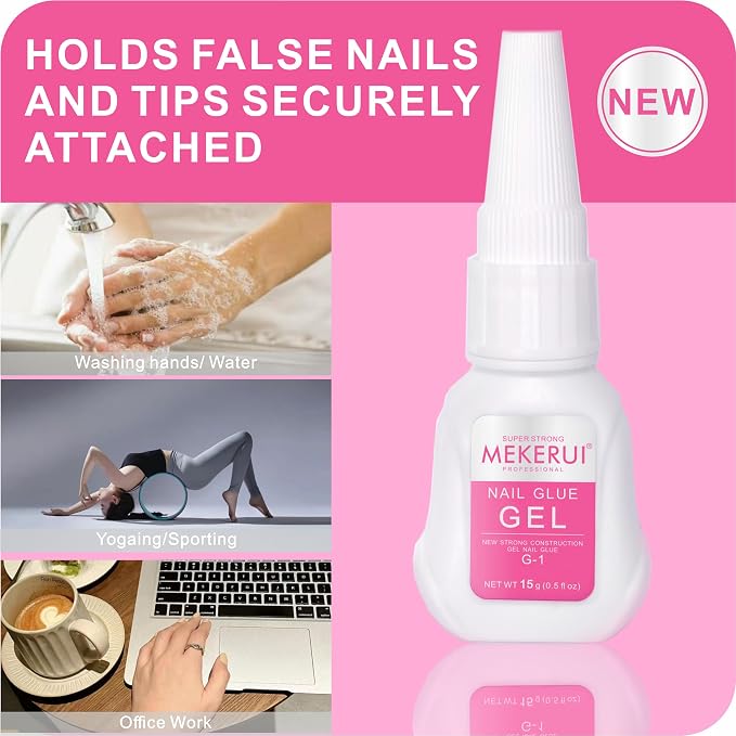 Mekerui Super Strong Nail Glue for press on nails resists dripping and clogging. It dries rapidly in 7 seconds sans UV light, offers long lasting 30+ days, is waterproof, and meets professional salon