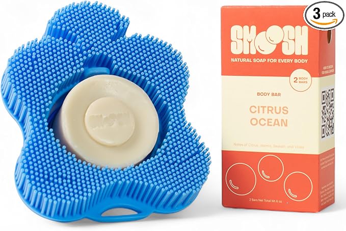 Smoosh® Body Scrubber, Blue & 2-Count Bar Soap, Citrus Ocean - Silicone Body Scrubber with Embedded Bar Soap for Shower Exfoliation and Cleansing
