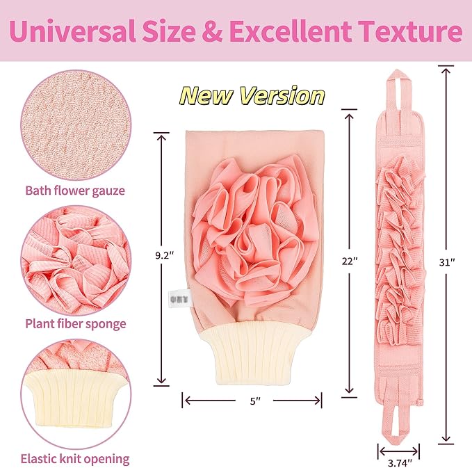 Deep Exfoliating Glove for Shower Double-Sided Mitt, with Extra Long Exfoliating Washcloth - Extreme Body & Back Scrubber for Shower, Massage Scrub Exfoliator & Bath Loofah Sponge (2-Pink)