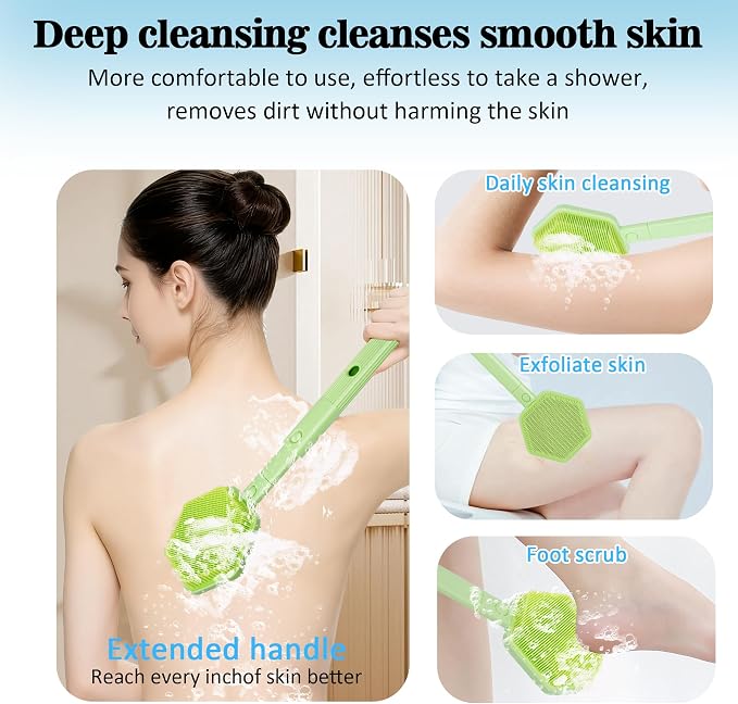 Silicone Back Scrubber for Shower with 21" Extendable Handle-Dual-Sided Long Handle Bath Brush for Exfoliating & Massage–Non-Slip Grip, Gentle&Deep Cleansing Body Brush for Men, Women, Seniors (Green)