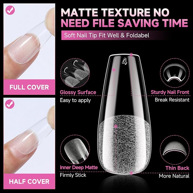 UNA GELLA Medium Coffin Nails Tips Soft Gel 120pcs Half Matte | Nail Tips Coffin Full Cover Fake Acrylic Nails Clear Coffin Press on Nails for Nail Extensions Home DIY Salon 12 Sizes