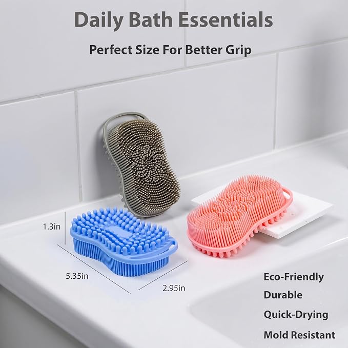 MtBoi 2-Pack Silicone Body Scrubber, 2-in-1 Shower Exfoliating Brush & Shampoo Massager for Sensitive Skin, Easy to Lather Bath Loofah (Pink&Grey)