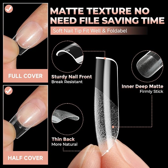 UNA GELLA Short Square Nail Tips Pre-buff Half Matte Gel Nails Tips 120Pcs | Soft Gel Nail Tips Short Square Clear Full Cover Fake Acrylic Nails for Nail Extensions DIY Home Salon 12 Sizes for Women