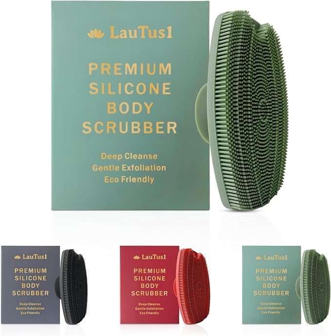 Silicone Body Scrubber — Suction Cup Mount & Hook, Gentle Exfoliating Shower Brush, Soft Loofah Alternative for Men, Women & All Skin Types — Sage Green