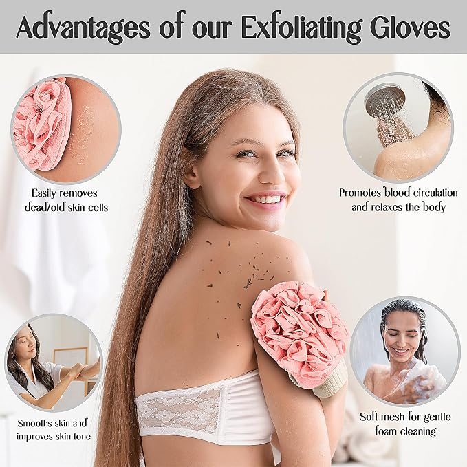 Deep Exfoliating Glove for Shower Double-Sided Mitt, with Extra Long Exfoliating Washcloth - Extreme Body & Back Scrubber for Shower, Massage Scrub Exfoliator & Bath Loofah Sponge (2-Pink)