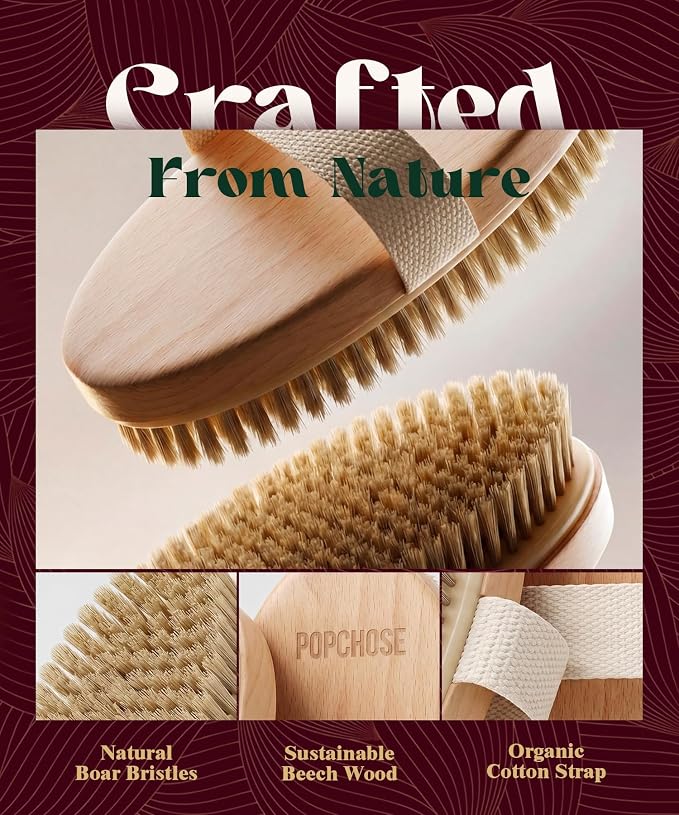 POPCHOSE Dry Brushing Body Brush, Natural Boar Bristle Exfoliating Brush | Body Scrub for Smoother Skin: Supports Cellulite Treatment, Lymphatic Drainage and Blood Circulation Improvement