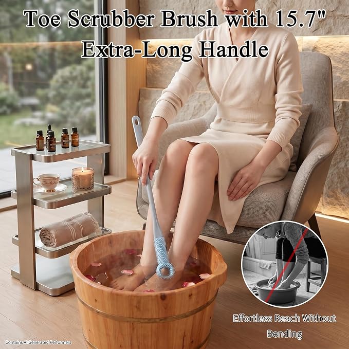 2 Pack Toe Cleaning Brush with 15.7" Long Handle, Silicone Foot Scrubber & Exfoliating Anti-Itch Brush for Bath & Feet, No-Bend Long Reach Feet Cleaner for Seniors & Daily Living (Grey)