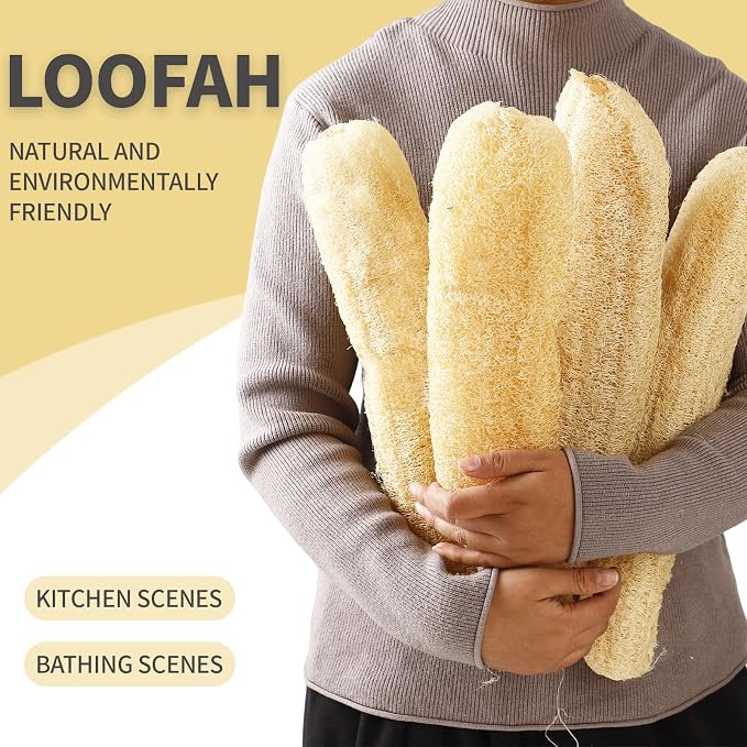 4Pack Natural Organic Loofah Bath Sponge14''-16'' Exfoliating Body Scrubber for Men and Women Shower Scrub