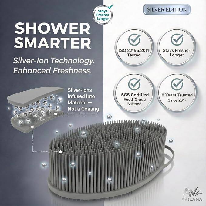Avilana Silicone Body Scrubber for Shower – SGS Certified Food Grade Dual Sided Bath Brush, Gentle Exfoliating Silicone Loofah Alternative, Sensitive Skin Body Brush (Blue-Silver, Exfoliate)