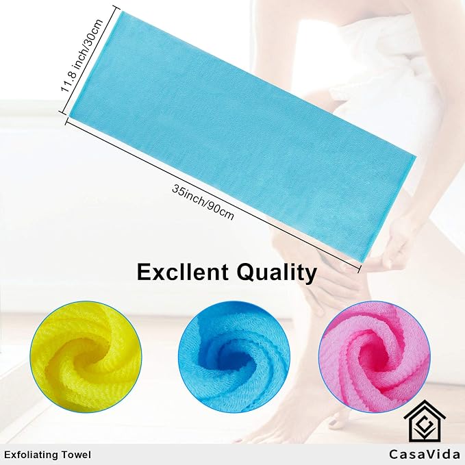 Exfoliating Washcloth Back Scrubber, Blue, 3 Pack | Japanese Beauty Washcloth, Back Scrubber for Daily Use, Textured Poly Nylon Body, Smoother-Looking Skin, Quick-Dry