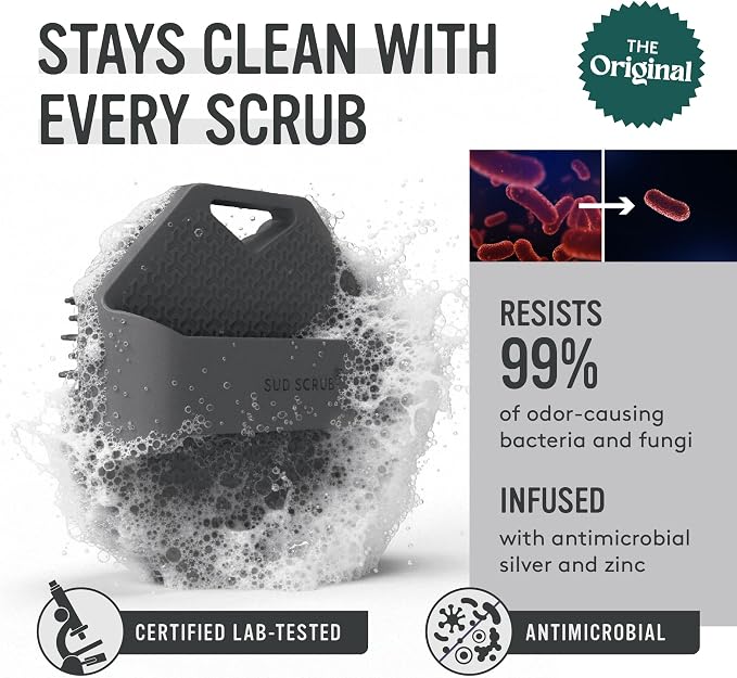 Sud Scrub® Antimicrobial Silicone Body Scrubber, Exfoliating Body Brush for Sensitive Skin, Antibacterial Shower Scrubber for Body, Bathroom Essentials for Men & Women, Charcoal