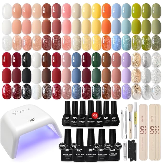 GAOY 37 Gel Nail Polish Set, 32 Colors Gel Nail Kit with UV Light At Home | Base Coat, Glitter Glossy Matte Top Coat, Builder Gel, Pigmented Color, Red Brown Green Blue Black White, Gifts for Women