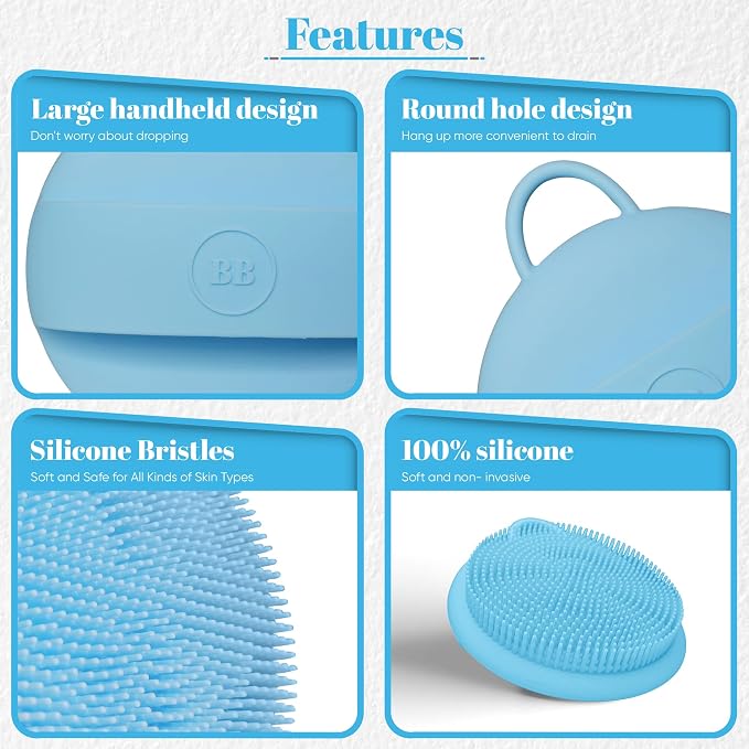 Silicone Scrubber - Blue Exfoliating Body Scrubber with Handle, Shower Brush & Bath Sponges for Personal Care