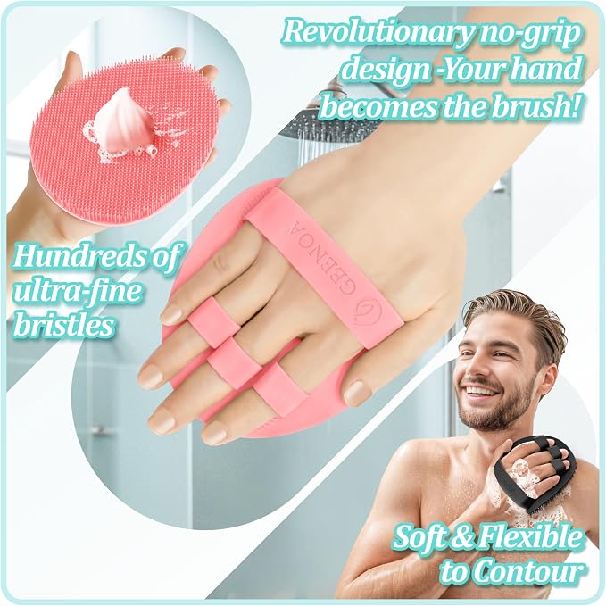 Silicone Body & Face Scrubber Set, 360° Anti-Slip & Hand-fit Silicone Shower Scrubber for Rich Foaming Deep Cleaning, Unique Facial Scrubber with Side-bristles for Contoured Areas.(Pink)