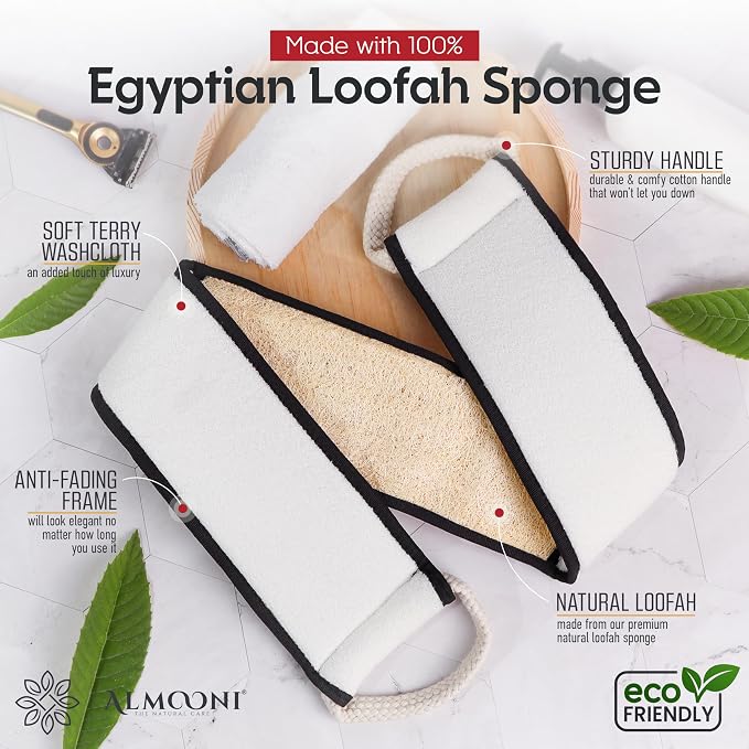 ALMOONI Men's Back Scrubber for Shower, Loofah Sponge, Black, 1 Count | Natural Egyptian Loofah Sponge, Long Back Scrubber, Cotton Handles, Men's Shower Scrubber, Gentle Exfoliation