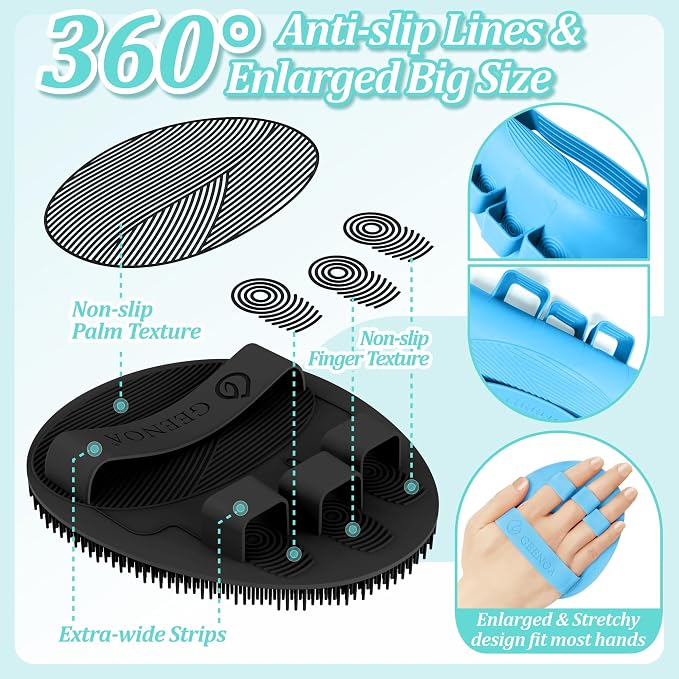 New Silicone Bath Glove with Straps, 360° Anti-Slip & Enlarged Exfoliating Body Scrubber for Rich Foaming Deep Cleaning, No-Grip & Hand-fit Shower Scrubber for All Skin Types(Black+Blue)