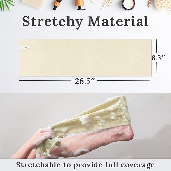 myHomeBody Exfoliating Washcloths for Showering, Cream, Set of 2 | Stretches for Hard-to-Reach Areas, Loofah Body Scrubber Exfoliator, Back Shower Towel, Bath Washer for Exfoliation