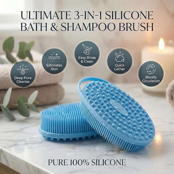 Silicone Body Scrubber Exfoliating 3 Pack, Shower Scrubber for Body,Loofah Alternative for Women Men, 2 in 1 Bath and Shampoo Brush with Handle,Body Exfoliator Tool for Skin, Back-Purple, Blue, Green