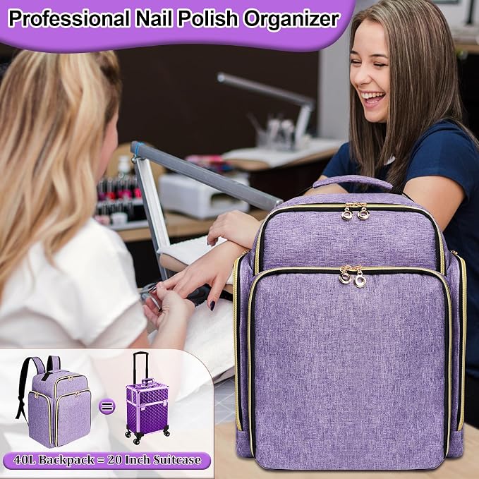 Nail Polish Organizer Backpack Holds 126 Bottles& Nail Lamp, Extra Large Nail Kit Supplies Organizer Bag with 3 Removable Cases, Portable Nail Organizers and Storage for Travel (Noble Purple)