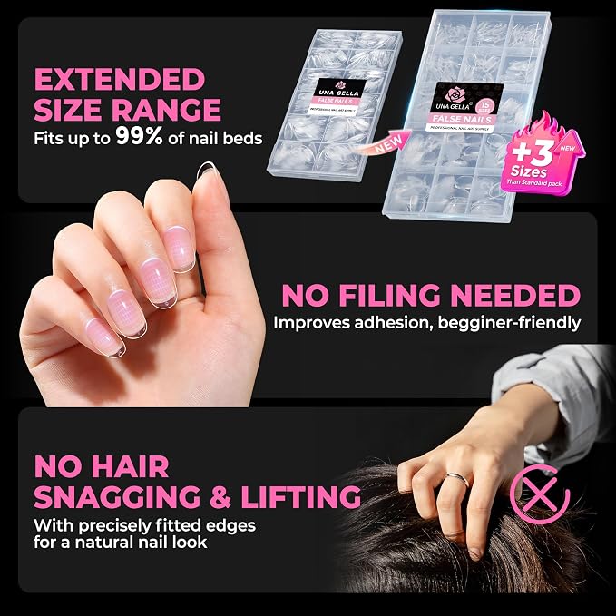 UNA GELLA Short Oval Nail Tips, 510Pcs 15 Sizes Pre-Buffed Full Cover False Nails, No File Needed Inner Matte Soft Gel Nail Tips, Clear PMMA Soak Off Acrylic Nail Extensions for DIY Home Salon