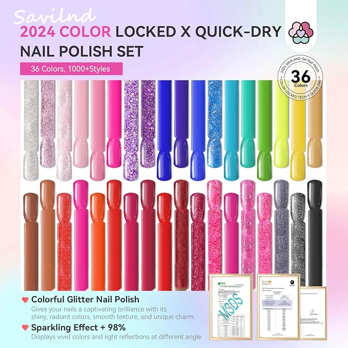 SAVILAND Nail Polish Set Air-Dry: 36+3 Colors Nail Polish Kit Red Pink Blue Glitter Regular Nails Polish with Base Top Coat Nail Lacquer Acrylic Nail Set for Beginner Home Salon DIY Gift
