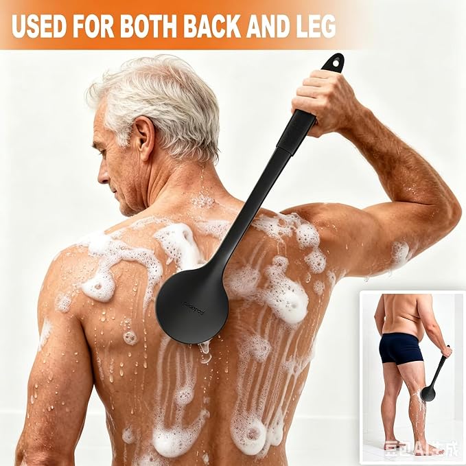 Long Handle Back Scrubber for Shower with 3 Interchangeable Heads-Black | Ergonomic Curved Handle,Non-Slip Silicone Grip,Premium Gift Box,Use for Back and Full Body,Cleansing and Exfoliating