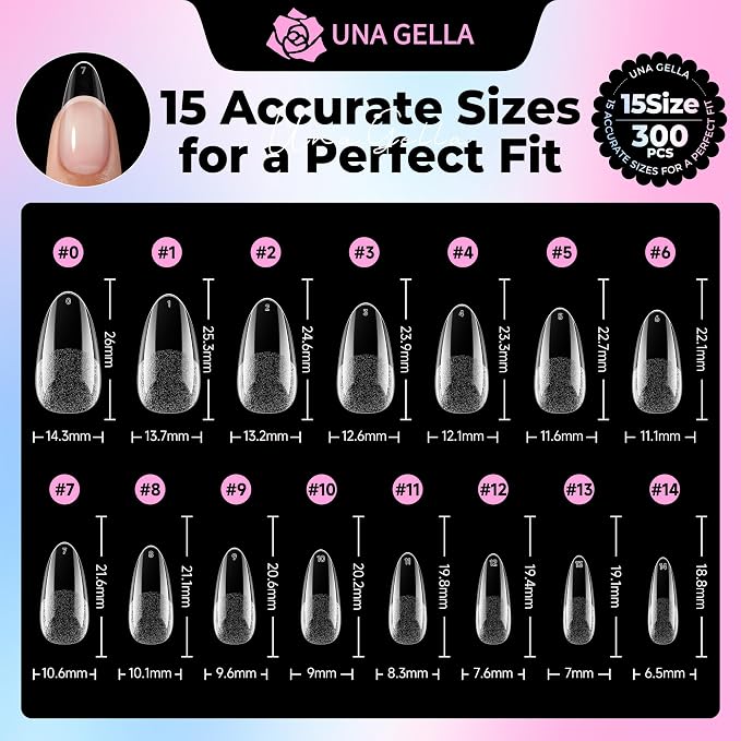 UNA GELLA Almond Nail Tips Medium 15 Sizes 300PCS Pre-Etched Full Cover | Gel Nail Tips Almond Shape Easy Salon Press On Nails Long-Lasting Hold Fake False Nails Snug Fit