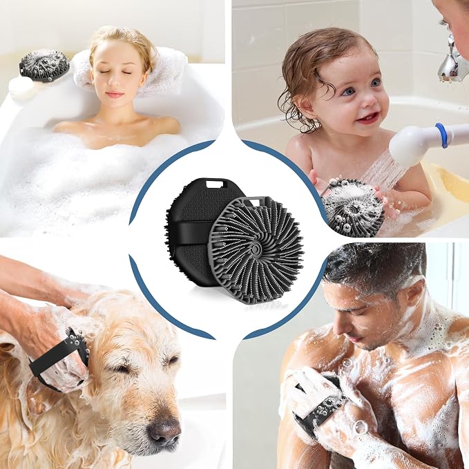 Silicone Body Scrubber, 2 PCS Exfoliating Body Scrubber, Silicone Loofah Bath Brush with Hand Strap, No-Slip Handheld Body Wash Brush Body Scrubbers Shower Cleaning for All Skin Types (Black & Grey)