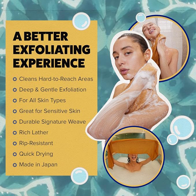 GOSHI Exfoliating Shower Towel - Long Body Scrubber, Orange | For back acne, KP & smooth skin, durable quick dry nylon washcloth, ethically crafted in Gunma, Japan